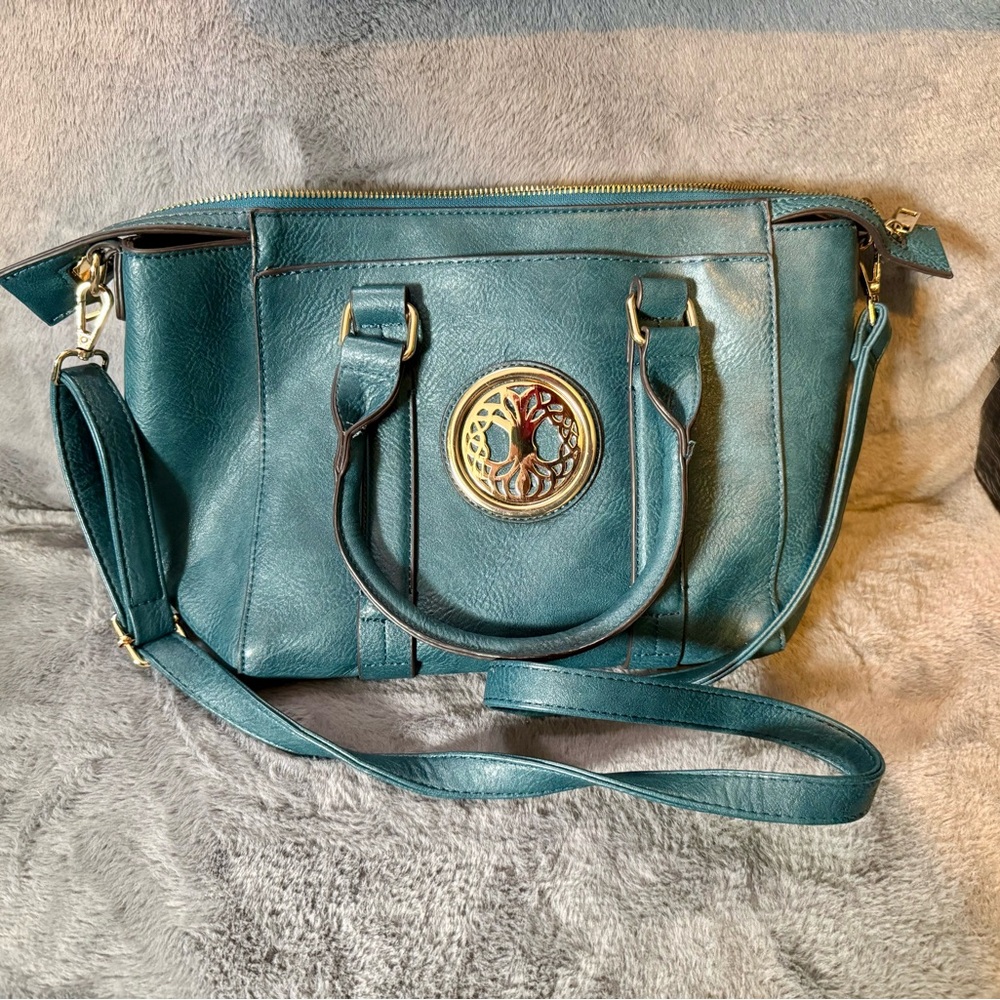 Leather Teal Bag w/ Tree of Life Badge